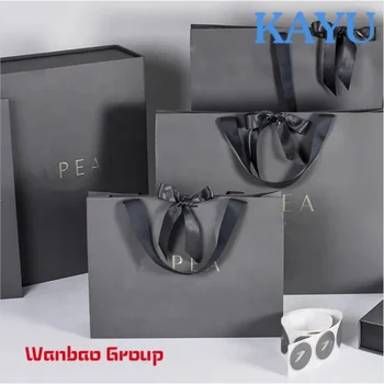 Изготовленный на заказ Логотип Luxury sac en papier Матово-черные Бумажные Подарочные пакеты для покупок Упаковка С ленточной ручкой