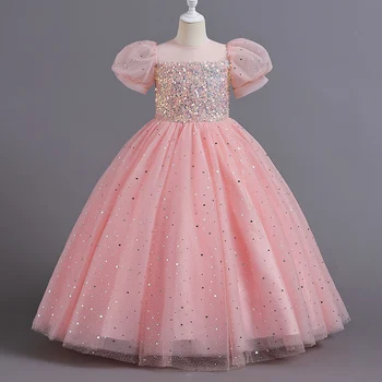 8903, Детское платье Принцессы для девочек, с блестками, с пузырчатым рукавом, С Длинной Сеткой, для девочек в цветочек, Свадебное Маленькое Летнее
