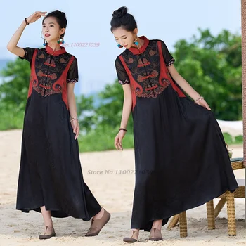 традиционное китайское винтажное платье hanfu 2023, платье трапециевидной формы с национальной цветочной вышивкой, китайское народное жаккардовое платье без рукавов