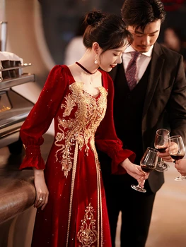 Платья для тостов Ципао Свадебное платье Невесты с красной Вышивкой в ретро китайском стиле Традиционный Элегантный Чонсам Для Невесты Винтажный Hanfu