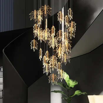 Светодиодный подвесной светильник, лестничная люстра, простые декоративные лампы в скандинавском стиле, ресторанное искусство, двухуровневое здание, пустой зал, кленовый лист