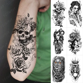 Водонепроницаемая временная татуировка, наклейка с черепом, Пион, роза, цветы, девушка племени, сова, тигр, флэш-тату, Женская, мужская рука, Боди-арт, поддельная татуировка