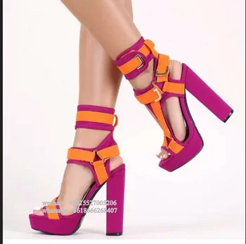 Модные Красно-Оранжевые босоножки на платформе и высоком каблуке в тон, женские дизайнерские летние туфли на блочном каблуке с пряжкой на щиколотке