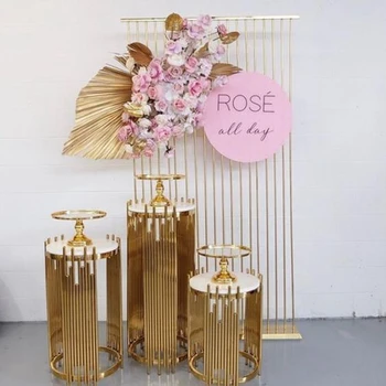 золотой круглый металлический плинтус набор из 3 свадебных фоновых подставок колонны цилиндры детский душ вечеринка металлические столбы для десерта AB0118