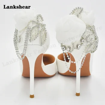 Свадебные Женские туфли-лодочки на высоком каблуке, Пикантные белые Босоножки с острым носком, брендовая модная обувь для вечеринок, женская обувь на каблуках со стразами
