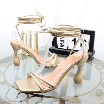 Римские сандалии с перекрестными ремешками, лето 2023, внешняя торговля, большие размеры, босоножки на шпильке со шнуровкой, модная банкетная женская обувь, каблук 8 см