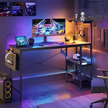 Письменный стол со светодиодной подсветкой, Компьютерный стол с 4-ярусными Реверсивными полками, 51,3-дюймовый Письменный стол для домашнего офиса с боковой сумкой для хранения, H