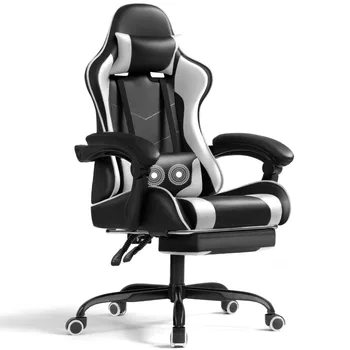 Игровое кресло из искусственной кожи, Массажное Эргономичное кресло для геймеров, регулируемое по высоте Компьютерное кресло с подставкой для ног и поясничной поддержкой