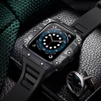 Роскошный Чехол из Углеродного волокна для Apple Watch 8 45 мм Ремешок 41 мм Резиновый Ремешок для Apple watch SE 6 5 4 44 мм 40 мм серии 7 мм 45 Браслет
