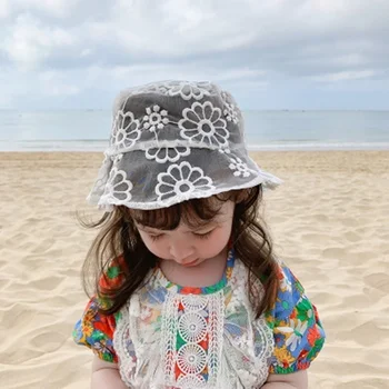 Модная Детская Элегантная Шляпа Рыбака с кружевным Цветком, Солнцезащитная Сетчатая Шляпа, Белое Кружевное Ведро