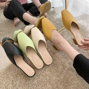 Женские тапочки-Мюли на высоком каблуке, Повседневная Обувь 2022 года, Модные Универсальные Полуботинки Baotou, Черные, Бежевые, зеленые, Zapatillas Mujer