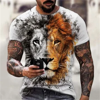 Летняя Мужская футболка с 3D принтом животного, Льва, тигра, Футболка с круглым вырезом и коротким рукавом, топ, уличная мода, повседневная мужская футболка