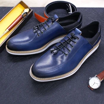 Модная мужская повседневная обувь ручной работы из натуральной кожи, Синие дышащие кроссовки на плоской подошве со шнуровкой, Обувь для путешествий, Zapatos Casuales Hombres