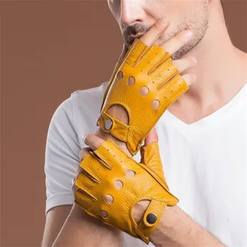 Перчатки из натуральной кожи, мужские короткие перчатки для вождения на велосипеде, перчатки из овчины с сенсорным экраном, мужские перчатки без пальцев
