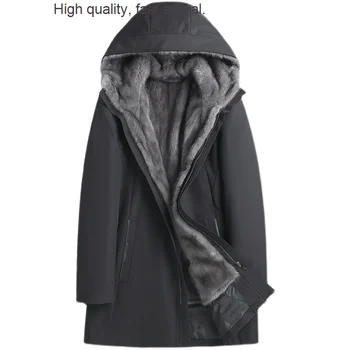 Куртка из цельной норки с подкладкой, Мужской мех, Интегрированный рукав из норки средней длины, Пальто из куницы с капюшоном, Меховая шуба