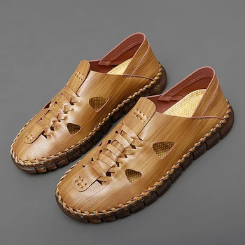 Новые летние кожаные мужские сандалии Большого размера 38-47, Удобные уличные сандалии без застежки на плоской подошве Для мужчин, Классические сандалии ручной работы