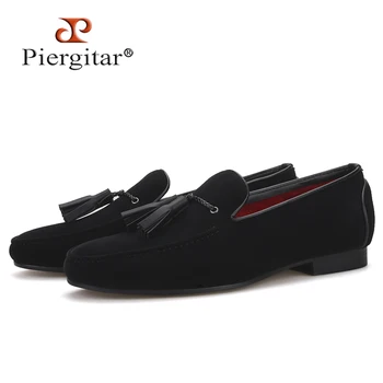 Piergitar/ новые черные хлопчатобумажные мужские туфли с кожаными кисточками, мужские лоферы ручной работы, свадебные и вечерние мужские модельные туфли большого размера