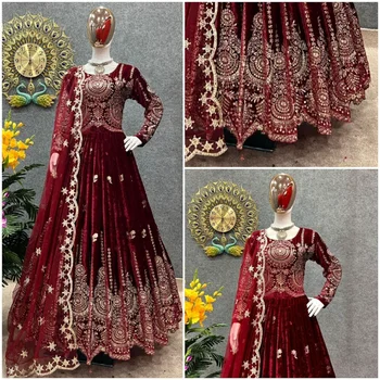 Вечерняя одежда Dupatta, Винно-красное платье, Расклешенная Курта, Индийский дизайнер Anarkali Kurta Kurti
