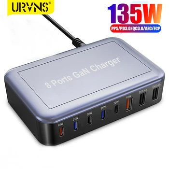 URVNS GaN 135 Вт Быстрое зарядное устройство 8-Портовая зарядная станция USB C мощностью 65 Вт 35 Вт PD3.0, 18 Вт QC3.0 для MacBook Pro iPhone 14 Samsung