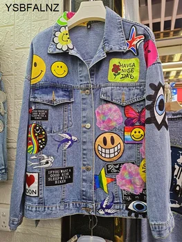 Женская весенне-осенняя новинка, хит продаж, Уличная джинсовая куртка с нашивками в стиле панк с героями мультфильмов, пальто
