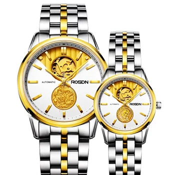 Новые Женские часы ROSDN Люксового бренда Japan Автоматические Механические 24K Gold Skeleton Sapphire 50M Водонепроницаемые Парные Часы R2100W