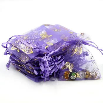 сумки из Органзы с фиолетовой бабочкой 9x12 см, 50 шт./лот, Тюлевые Подарочные упаковочные пакеты, пакеты для упаковки ювелирных изделий, Свадебные пакеты для конфет