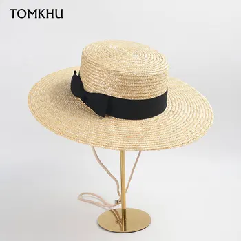 Лук украшения европейский и американский мода плоский топ соломенная шляпа женская плоская верхняя часть с широкими полями, соломенная шляпа праздник, пляж солнце шляпа