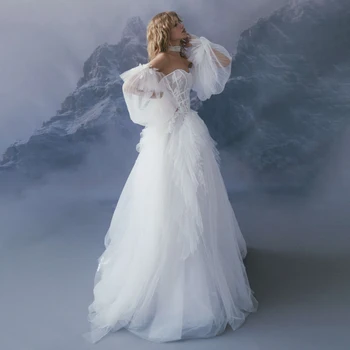 Свадебные платья UETEEY из Тюля в виде сердечка, Белые Платья невесты с пышными рукавами и шлейфом на молнии сзади, 2021, Большие размеры