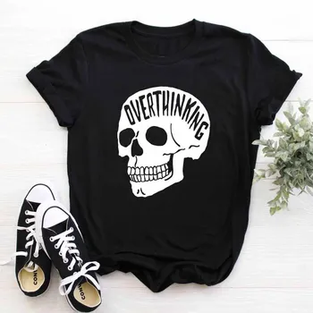 Женская футболка из чистого хлопка, футболка с надписью Overthinking Skull, Женская футболка с коротким рукавом, Женские топы, Одежда Mujer