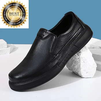 Повседневная мужская обувь из натуральной кожи без застежки, роскошный бренд 2024, Мужские Лоферы, уличные Мокасины, Дышащие черные туфли для вождения для мужчин