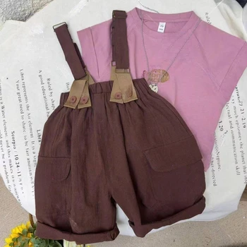 Детская одежда, летний комплект, розовая рубашка для девочек + брюки на однотонных ремешках, комплект из двух предметов, Модный детский комплект 2023 года, детская одежда