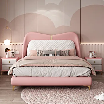 1,2 м Детская кровать розовая кровать для девочек Кровать из кожи принцессы для девочек синяя кровать с мягким мешком современная простая односпальная кровать для мальчиков из массива дерева