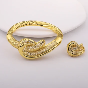 24K Позолоченный Полый Змеиный Витой Браслет, кольцо на палец, Ювелирный набор, Дубай, Нигерийские Женские Свадебные подарки для Новобрачных