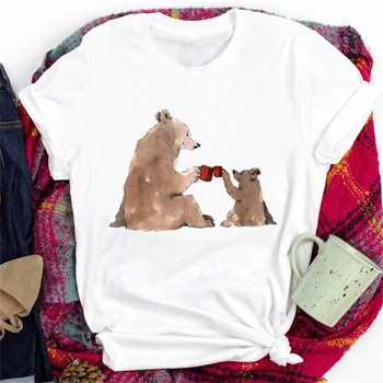 Новая женская рождественская футболка с принтом, модная повседневная женская футболка с коротким рукавом, одежда с мультяшным рисунком, футболка с милым медведем.