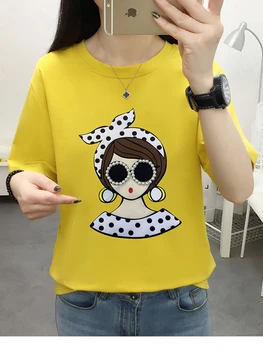 Летняя футболка с принтом Для женщин 2022, Корейская Модная женская одежда, Футболки с рисунком бисера, Футболки с коротким рукавом, Хлопковые футболки Femme