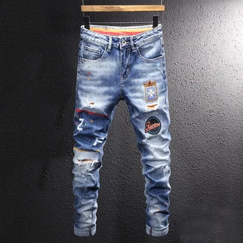 Модная Уличная одежда, Мужские Джинсы в стиле ретро, Синие эластичные облегающие Рваные джинсы с принтом, Мужские раскрашенные Дизайнерские джинсовые брюки в стиле хип-хоп