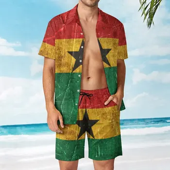 Винтажный состаренный и поцарапанный Мужской пляжный костюм с флагом Ганы, винтажный костюм из 2 предметов высшего качества для отдыха, Размер Eur