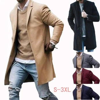 Мужское шерстяное пальто в европейском стиле, американское однобортное пальто, мужская осенняя шерстяная куртка-ветровка, зимняя длинная однотонная куртка