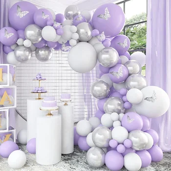 Светло-фиолетовый набор цепочек из воздушных шаров для детского первого дня рождения, воздушный шар, выдалбливают, Серебряная бабочка, декоративный венок для сцены