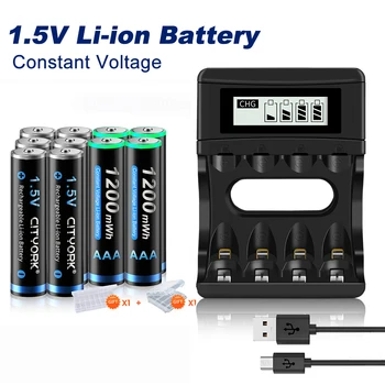 CITYORK Перезаряжаемая литий-ионная батарея AAA 1,5 В 1200 мАч, Литий-ионная батарея 1,5 в 2A, Литий-ионные Аккумуляторы с ЖК-дисплеем, Зарядное устройство 1,5 В AA AAA