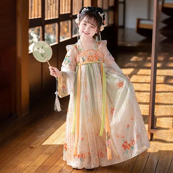 Новое китайское платье Hanfu Для летних девочек, имитирующее повседневное платье Династии Тан Сун, Древнее детское платье с вышивкой