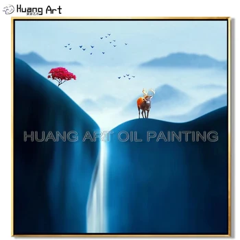 Ручная работа, синий пейзаж в китайском стиле, картина маслом на холсте, современный пейзаж с оленем и красным деревом для декора гостиной