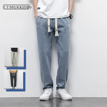 CUMUKKIYP Мужские Джинсы с прямыми штанинами и эластичным поясом Простые повседневные джинсовые брюки Весна Лето Свободные