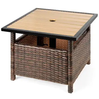 Лучший выбор товаров Плетеный столик из ротанга для патио Уличная мебель для сада, бассейна, палубы с отверстием для зонта - коричневый