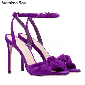 Фиолетовые замшевые модные босоножки на шпильке с круглым носком Большого размера, Босоножки с открытым носком и пряжкой на лодыжке, Сексуальная Элегантная женская обувь