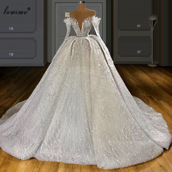 Тяжелое шитье ручной работы, Белые Свадебные платья 2020, Свадебные платья с Длинными рукавами, расшитые бисером, Роскошные платья Невесты Princess Robe De Mariee
