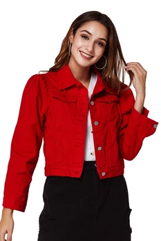 Женская базовая короткая джинсовая куртка, весенняя джинсовая куртка для женщин, повседневная свободная джинсовая куртка, дамское модное красное джинсовое пальто, уличная одежда