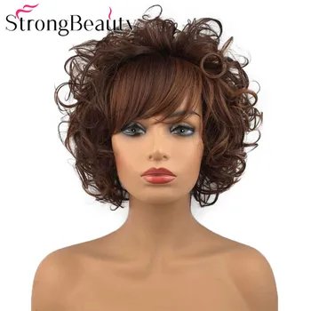 StrongBeauty Короткий вьющийся парик Синтетический парик для женщин Красно-коричневый парик с челкой 8 дюймов