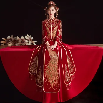Изысканное Свадебное платье из Павлиньего Велюра с вышивкой пайетками, Нежная Элегантная Одежда для Брачных тостов, Вечернее платье Cheongsam
