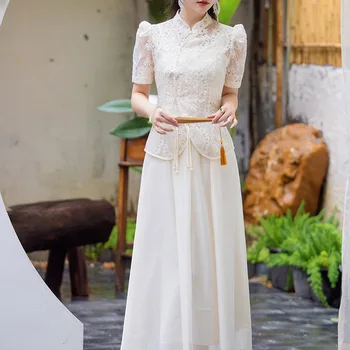 Высококачественная Новая модная кружевная блузка в китайском стиле с вышивкой, топ со стоячим вырезом + элегантное женское платье, комплект из двух предметов, S-XXL